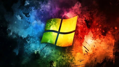 Windows logo rendered over high-contrast multicolor grunge field