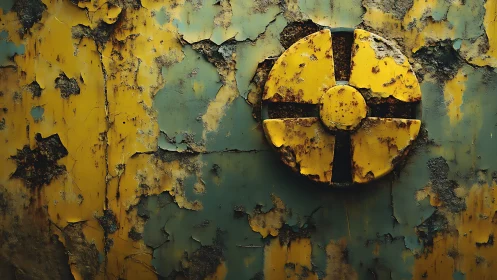 Weathered hazard symbol on peeling industrial metal wall.