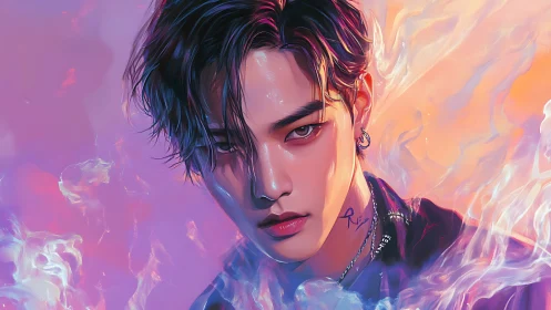 Fiery gaze amid soft neon clouds and glowing color swirls.