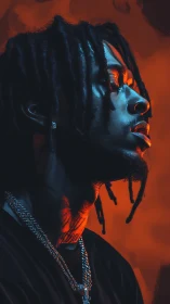 Profile portrait shows side-lit subject against red background