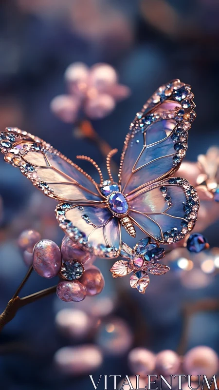 Gem-encrusted metallic butterfly rendered with shallow DOF and bokeh