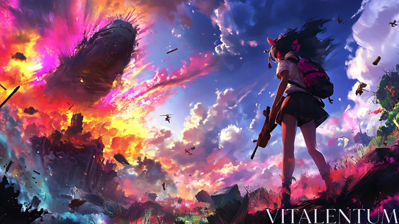 Brave schoolgirl warrior watches a neon sky explode in color