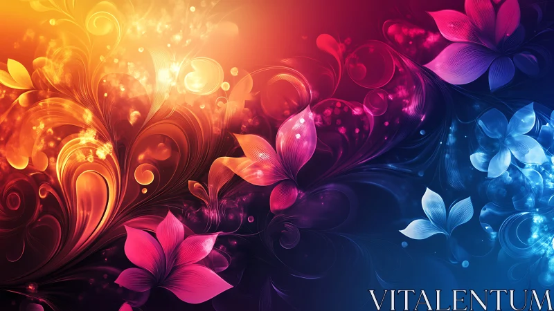 Vibrant gradient flowers blend warm and cool tones in luminous digital art.