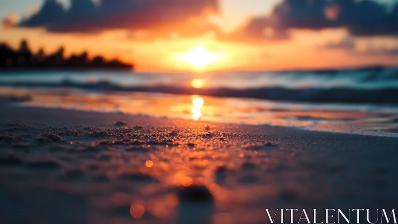 Low-angle coastal sunset with shallow DOF and bokeh highlights.