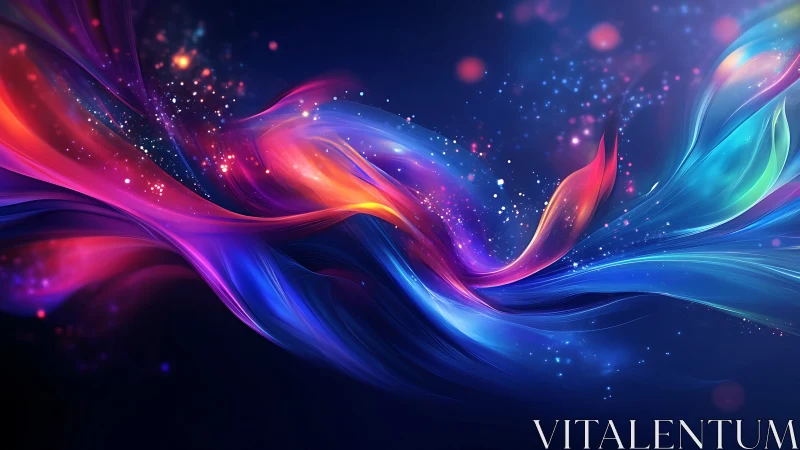 Swirling neon ribbons over cosmic deep blue canvas.