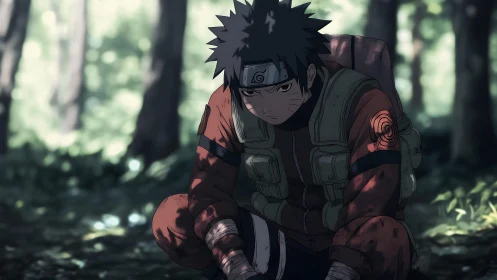 Battle-worn ninja crouches in shadowed forest clearing.