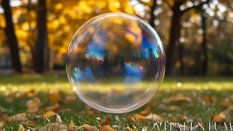Iridescent soap bubble hovering over autumn park lawn.