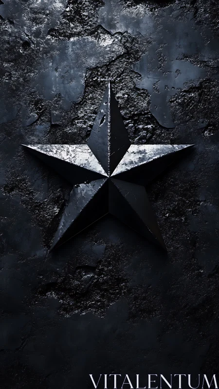 Dark metallic star emblem on rough textured surface.