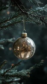 Gold striped glass bauble on evergreen branch with soft bokeh glow