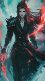 Mystical fire-wielding warrior walking through swirling light.