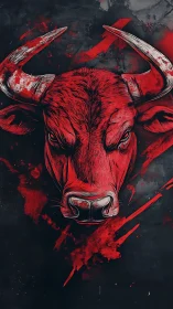 Fierce crimson bull portrait amid bold splashed shadows.