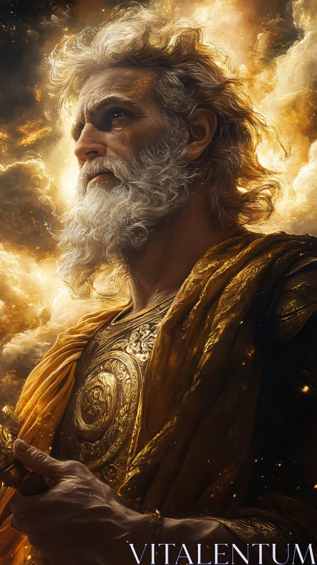 Storm-crowned elder contemplates thunder over burning clouds