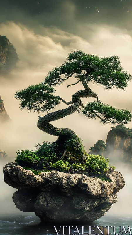 Serene floating bonsai tree drifting in soft morning mist.