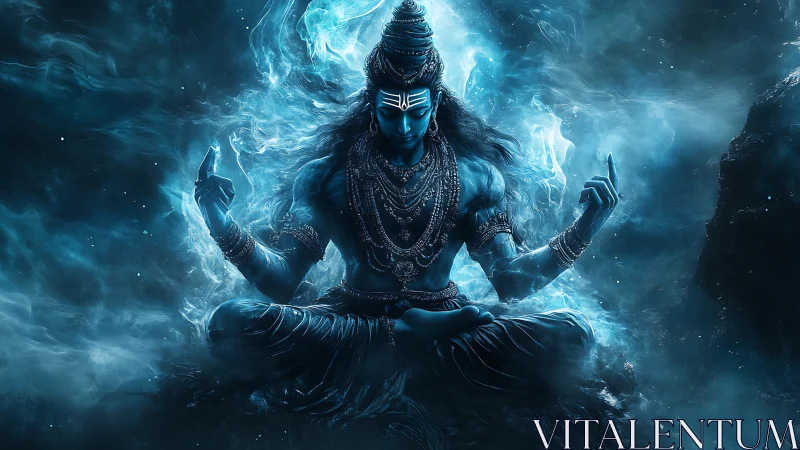 Divine blue deity in meditative cosmic energy field.