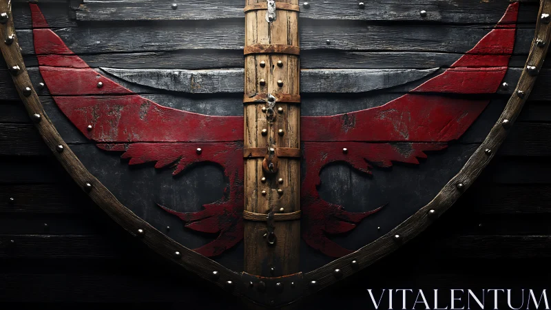 Weathered wooden shield bears red winged crest