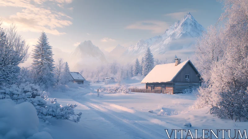 Winter landscape displays cabins, snow-covered trees and peaks