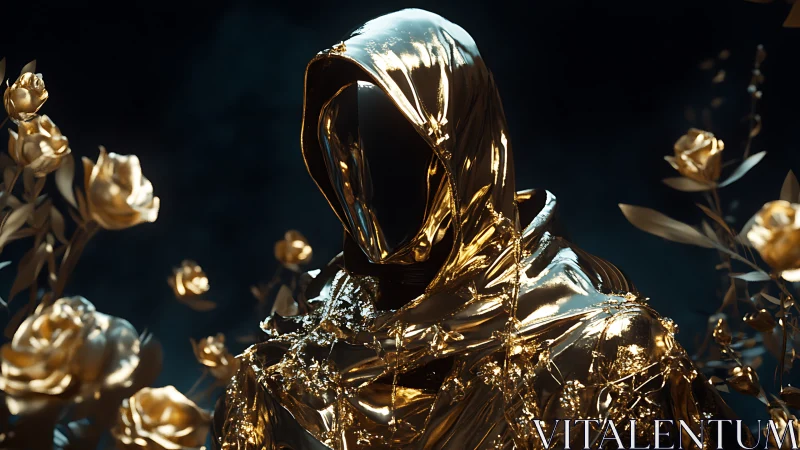 Golden hooded void figure amid metallic rose cluster composition.