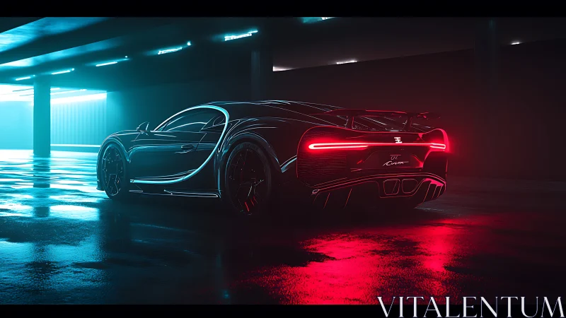 Black hypercar glows under neon cyan and red garage lighting