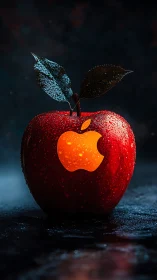 Photorealistic red apple with glowing logo cutout at night.
