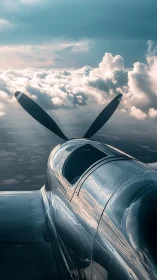 Aerial close-up of polished propeller aircraft in clouds.