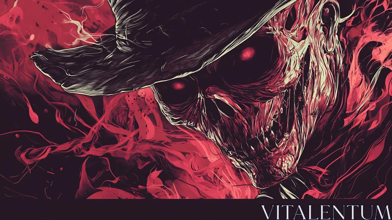 Skull figure in hat rendered in high contrast red tones