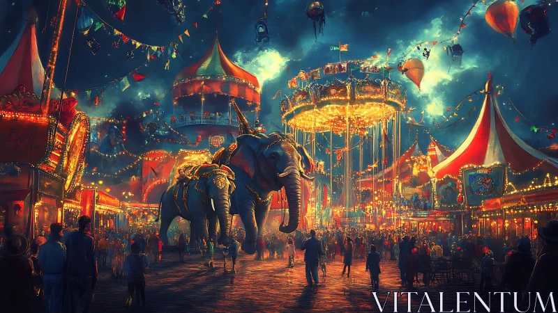 Elephants move through illuminated night carnival midway scene