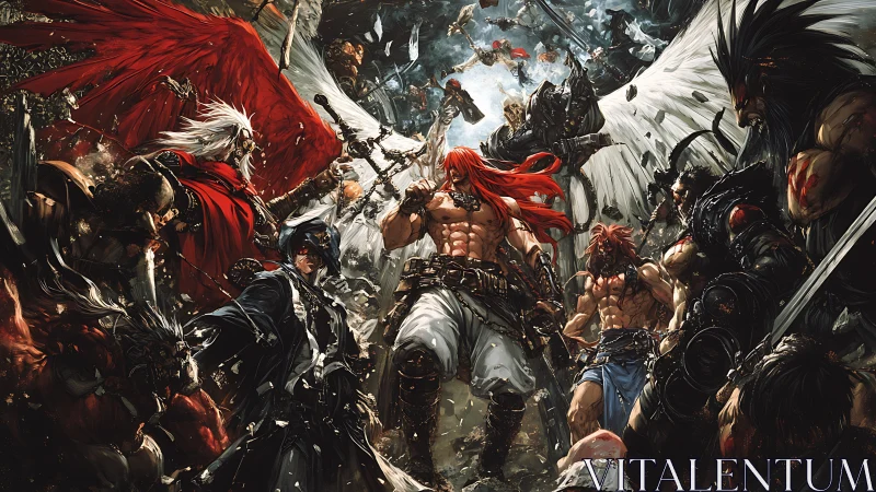 Epic fantasy melee converges around red‑haired warrior leader