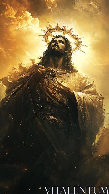 Radiant robed figure ascending through incandescent cloud fields.