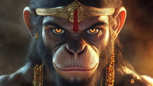 Radiant monkey warrior gazes forward with fiery golden eyes