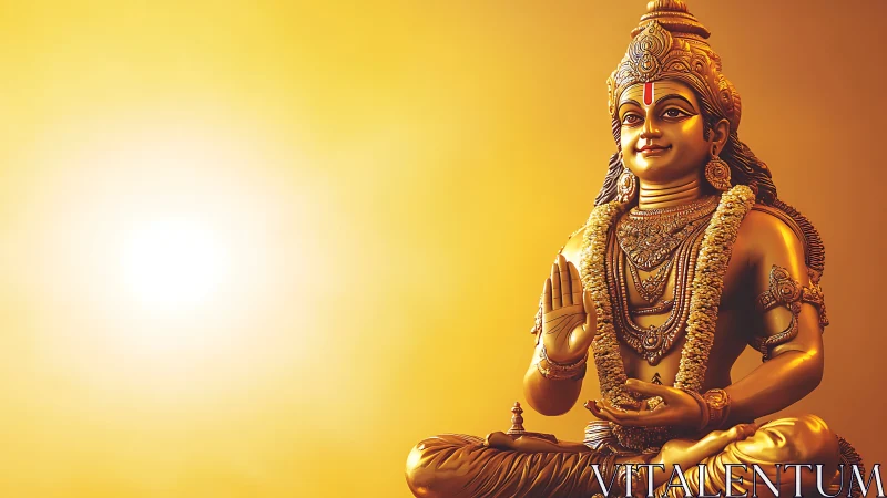 Golden seated deity statue against uniform yellow background.