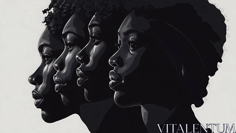 Four Black Women in Profile, Modern Digital Art Illustration.