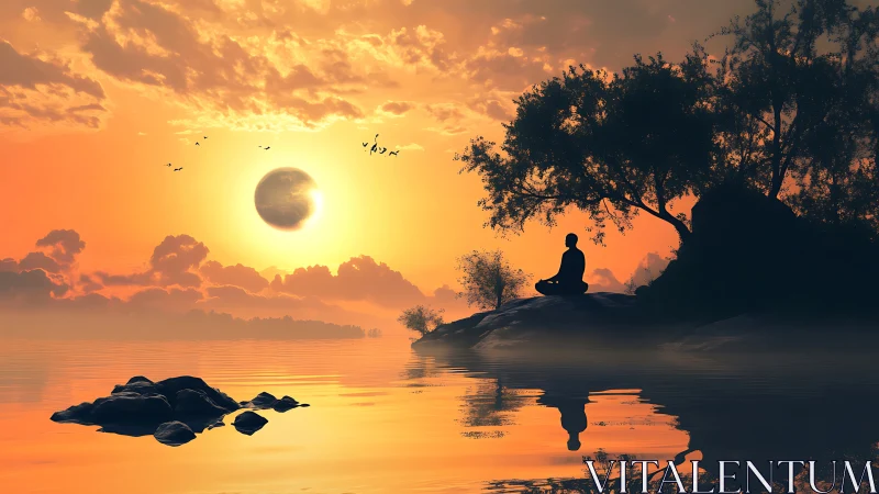 Meditative silhouette under eclipse over tranquil lake at dusk.