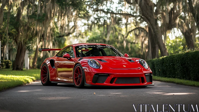 Red track-focused sports car under moss-draped trees.