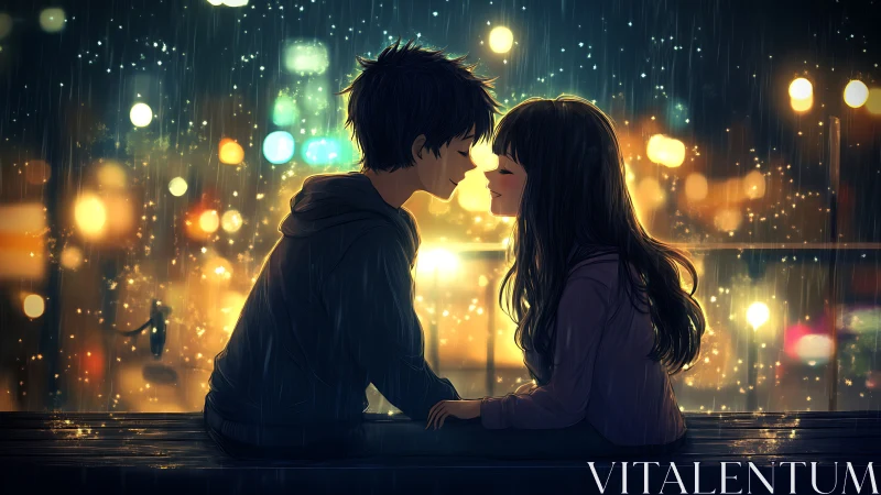 Rainlit urban kiss with backlit bokeh and soft neon glow.