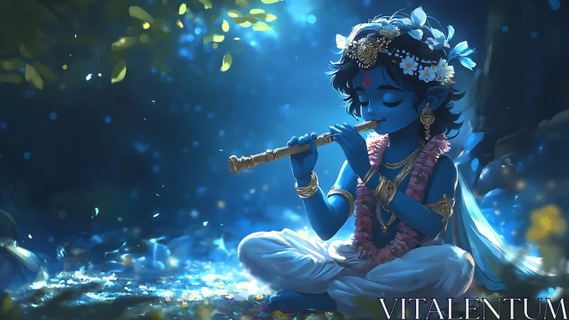 Divine blue child with flute in luminous forest glade digital painting.