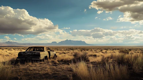 Abandoned sedan decays in sunlit desert grassland panorama