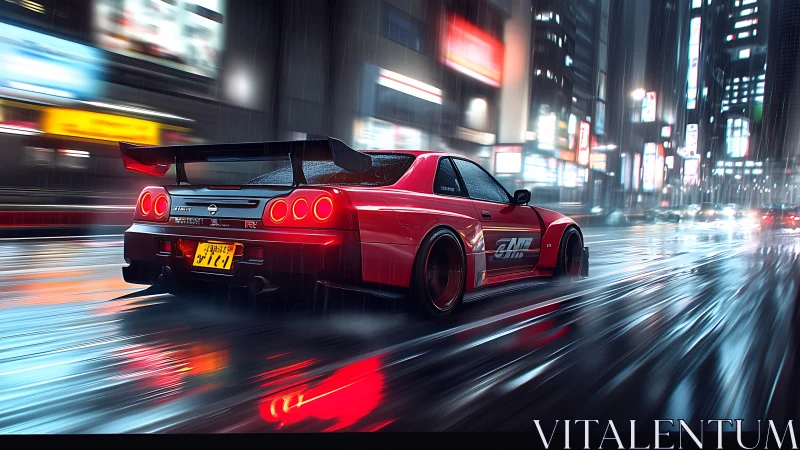 Red tuned Nissan skyline racing through wet neon city street.
