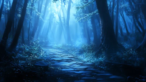 Luminescent forest throughway with volumetric atmospheric light diffusion.