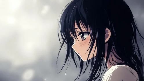 Side profile shows wet-haired anime girl against blurred bokeh field