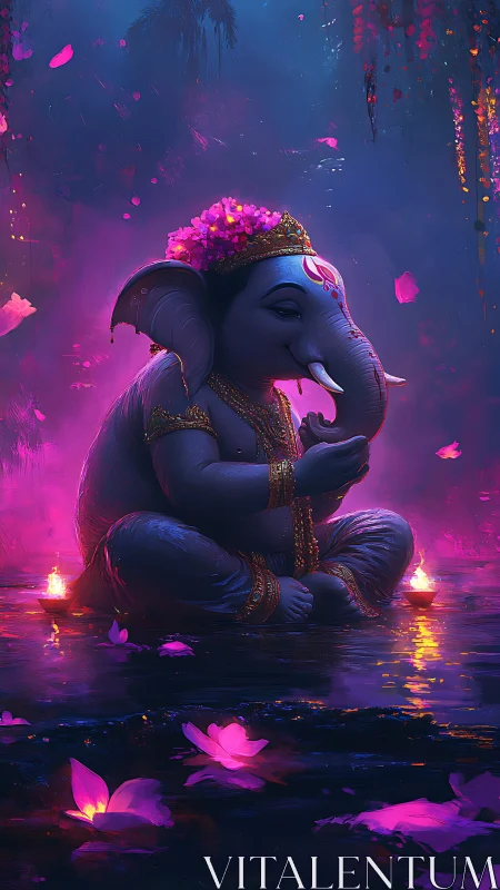 Elephant-headed deity figure seated on reflective water surface.