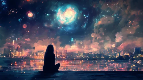 Silhouette watches cosmic sky above neon-lit waterfront city