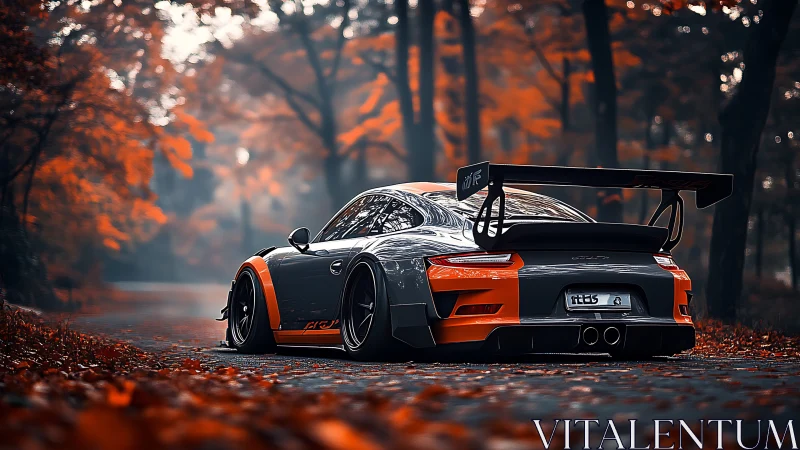 Modified sports coupe on forest road in autumn light.