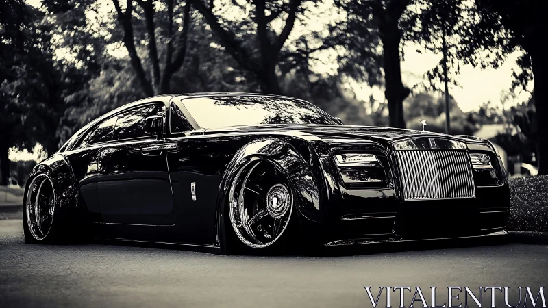 Midnight monarch sedan glides low beneath whispering trees.