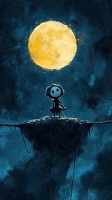 Childlike figure under bright moon on dark cliff at night.