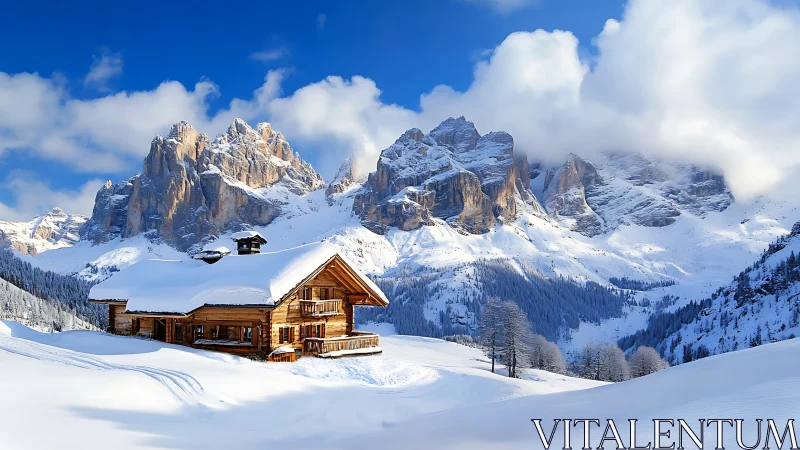 Snowbound alpine chalet below dramatic winter peaks.