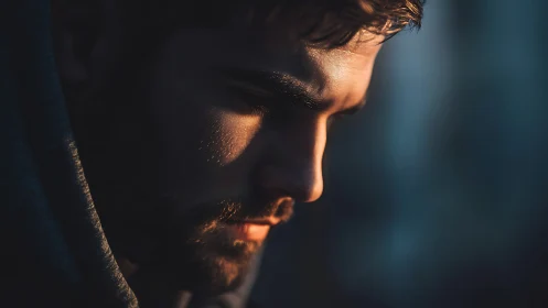 Side-lit close-up portrait of man in thoughtful profile.
