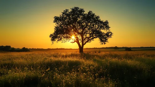 Lone tree silhouettes against radiant golden sunset sky