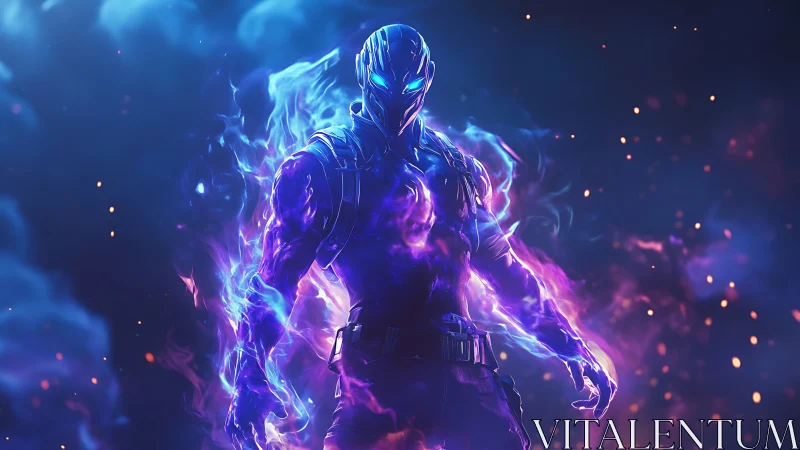 Mystic armored warrior glows with swirling neon cosmic fire