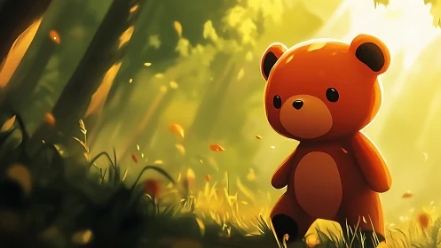 Glossy toy bear under volumetric forest sunlight field study.