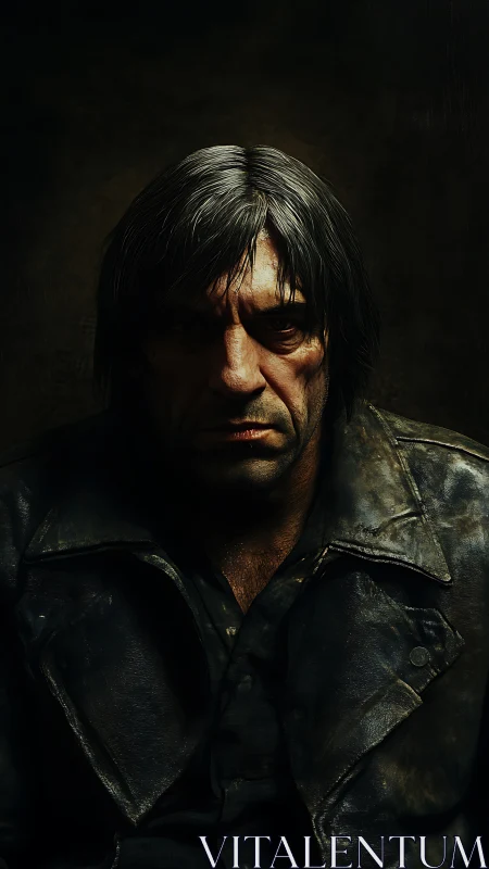 Weathered middle aged man in worn leather jacket portrait.